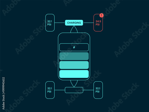 Electric Vehicle Dashboard UI with hologram Car Chassis top view showcasing status battery charging and Tire pressure status vector illustration design concept. EV charging design for EV Car, ui.
