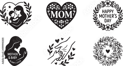 Mother’s Day vector set with floral wreaths heart typography mother child silhouettes and decorative appreciation designs