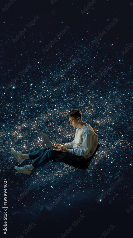Fototapeta premium Person sitting in starry space reading book, imagination and knowledge concept, learning as infinite universe, creativity and dreamlike surreal scene.