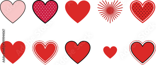 Set of heart icons in various styles including outline, filled, dotted and decorative designs isolated on white background for love and valentine themes