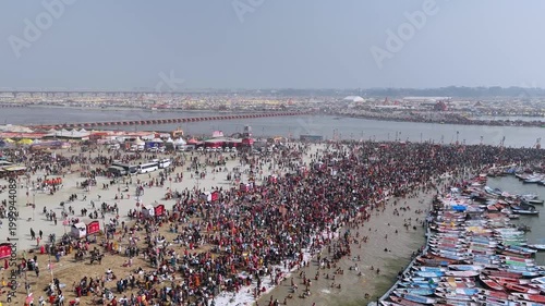 Aerial View of Maha Kumbh Mela Crowd at Sangam in Prayagraj India