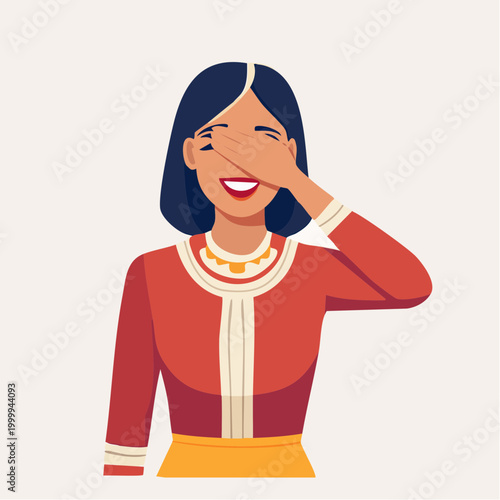 Woman Laughing and Covering Eyes with Hand