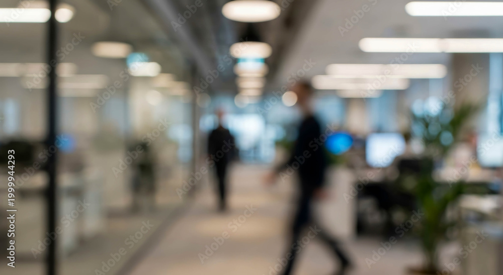 Obraz premium A blurred view of a modern office environment featuring employees walking past open workspaces and plants, illustrating a dynamic professional atmosphere.