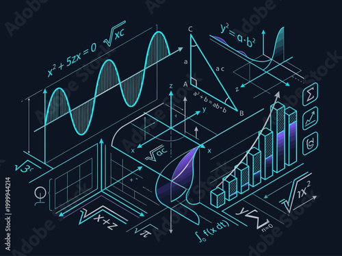 Futuristic Mathematical Formulas and Data Graphs Isometric Illustration - STEM Education and Scientific Research Concept