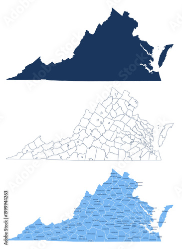 Fotografia Virginia Counties Map with Labels – State Silhouette and County Boundaries Vecto