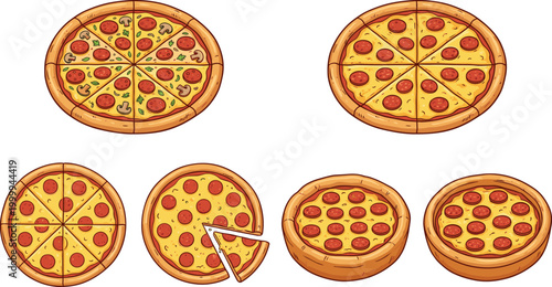 Collection of delicious pizza illustrations with different toppings, slices and whole pies isolated on white background for menu design and food branding