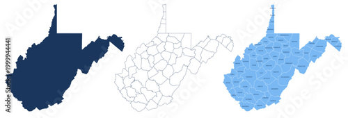 Quadro su tela West Virginia Counties Map with Labels – State Silhouette and County Boundaries