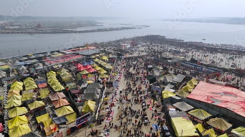 Aerial View of Maha Kumbh Mela Crowd at Sangam in Prayagraj India