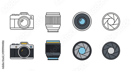 Modern and Vintage Camera Icons, Lens and Aperture Symbols for Photography