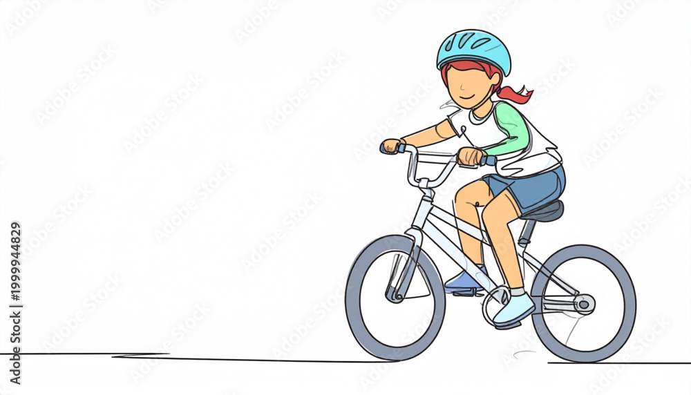 Fototapeta premium Child Riding Bicycle Doodle Line Illustration