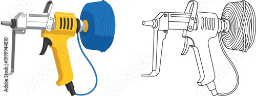Foam spray gun with canister and hose flat design illustration and line art for construction and insulation concepts