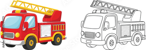 Cartoon fire truck with ladder and outline version vector illustration for childrens books and educational materials