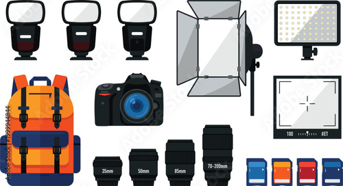 Photography equipment vector set with digital camera lenses flash lighting softbox backpack and memory card icons.