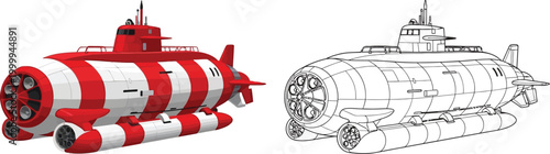 Red and white striped submarine illustration detailed blueprint and 3D render for marine exploration or military concepts isolated on white
