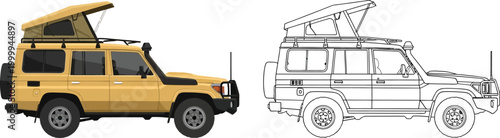 Yellow pop-up roof camper van off-road expedition vehicle illustration isolated on white background