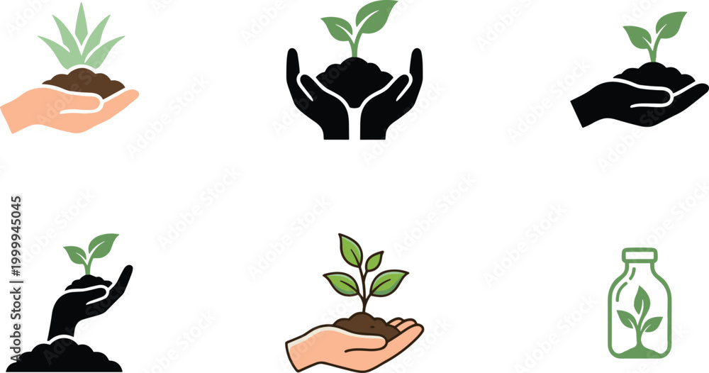 Obraz premium Ecological growth vector icon set featuring hands holding plant seedlings soil and green environment sustainability elements.