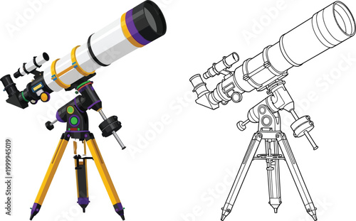 Telescope and its outline illustration scientific instrument for astronomy and space exploration vector graphic on white background