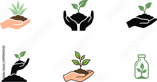 Ecological growth vector icon set featuring hands holding plant seedlings soil and green environment sustainability elements.