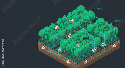 AI biodiversity monitoring and urban rewilding technology flat illustration featuring bioacoustic sensors and digital ecosystem tracking for sustainable environment management system