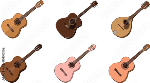 Acoustic guitar collection with different colors and styles musical instruments vector illustration.