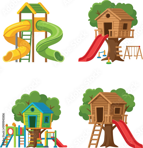 Children playground equipment set with slides treehouse and play structures vector illustration.