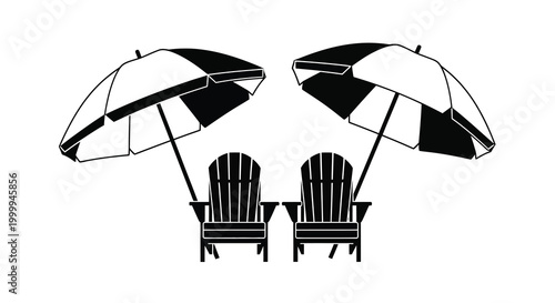 Beach chairs and umbrellas black and white silhouette