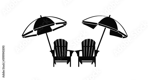 Beach Chairs And Umbrellas Silhouette Against White Background