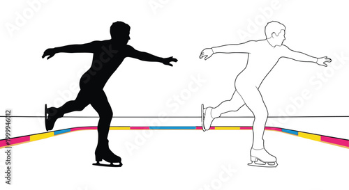 Figure skater silhouette and outline on colorful ice rink