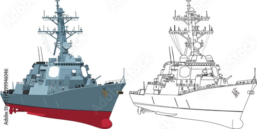 Photography Modern warship and its blueprint outline detailed naval destroyer illustration f