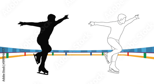Figure skater silhouettes and line drawing on ice rink background