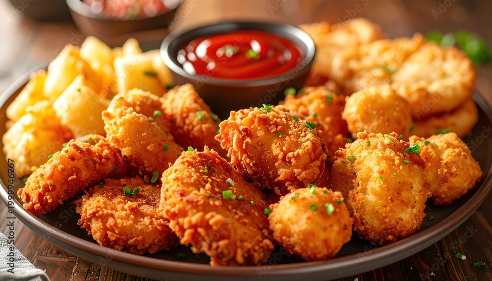Fototapeta premium Crispy fried chicken nuggets with fries.