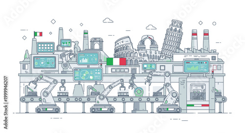 Illustration of a futuristic factory with robots and machinery in a cityscape with Italian flags and a white background.