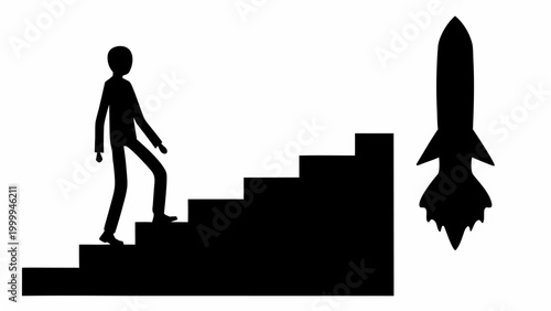Silhouette of a determined person ascending a dark staircase towards a stylized rocket ship symbolizing ambition progress and achieving lofty goals with a clean minimalist graphic