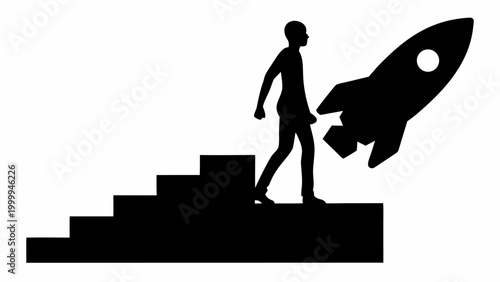 Silhouette of a determined person ascending a geometric staircase towards a stylized rocket symbolizing ambition progress and the journey to success in a minimalist graphic style