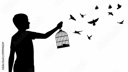 Silhouette of a child opening a birdcage releasing multiple birds into the bright sky symbolizing freedom hope and new beginnings with a clean white background