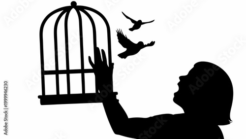 Silhouette of a person opening a cage door releasing two birds into the sky symbolizing freedom hope and new beginnings against a clean white background