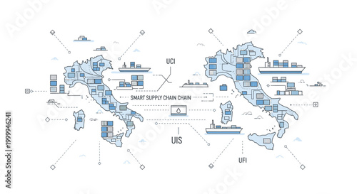 A detailed infographic illustration of the global supply chain network with various icons and lines on a white background.