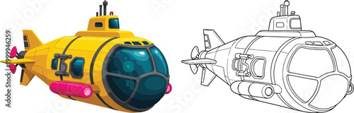 Konstfotografi Yellow cartoon submarine with pink accents illustration and outline for children
