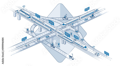 A detailed blue-toned illustration of a complex highway interchange system with multiple roads and overpasses on a white background.