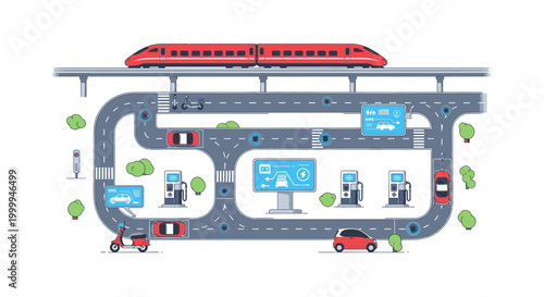 Flat lay of a colorful toy road system with vehicles and trees on a white background with a playful mood.