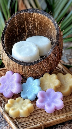 Colorful Thai Coconut Jelly in Coconut Shell with Floral Shapes and Pastel Hues