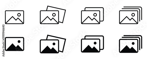 Collection of black and white photo icon set on a plain white background for design and digital use