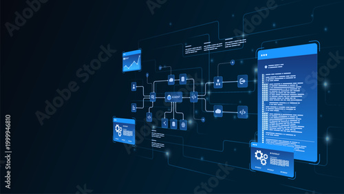 AI workflow automation artificial intelligence. ai agent network diagram dashboard machine learning architecture data pipelines, coding panels, analytics panels and process flow.