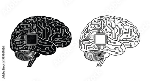 Circuit board brain illustration digital mind concept in black and white