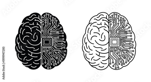Brain illustration with circuit board and organic hemisphere black and white