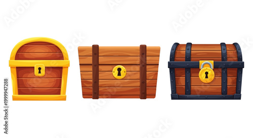 Collection of antique wooden treasure chests with ornate golden locks and handles on a white background