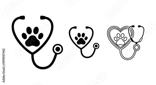 Set of veterinary stethoscope icons with paw prints in black.