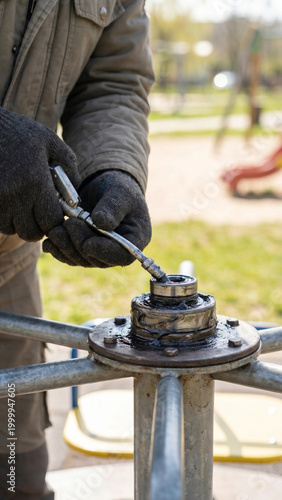 Man repairing merry-go-round with wrench in playground during daytime  