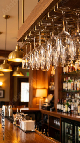 Wine glasses hanging upside down above the bar in a cozy setting  
