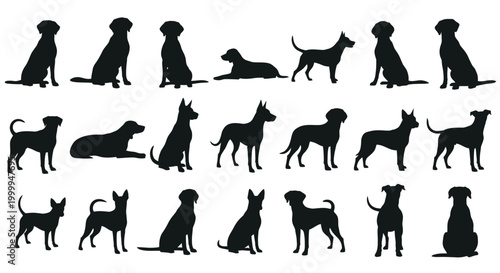 Collection of various dog silhouettes in different poses and breeds.